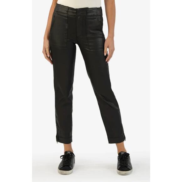 Kut From The Kloth 00 Black Reese Coated Ankle Straight Leg Pant Zip Ankles - Picture 12 of 13